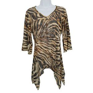 Lady Noie Womens Brown V Neck Tiger Print Rhinestones Pullover Tunic Top Size M